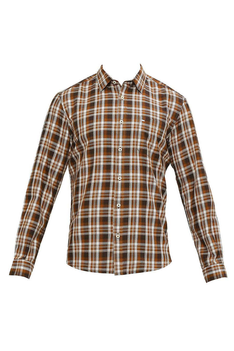 BASICS SLIM FIT TOFFEE BROWN COTTON TWILL CHECKS SHIRT