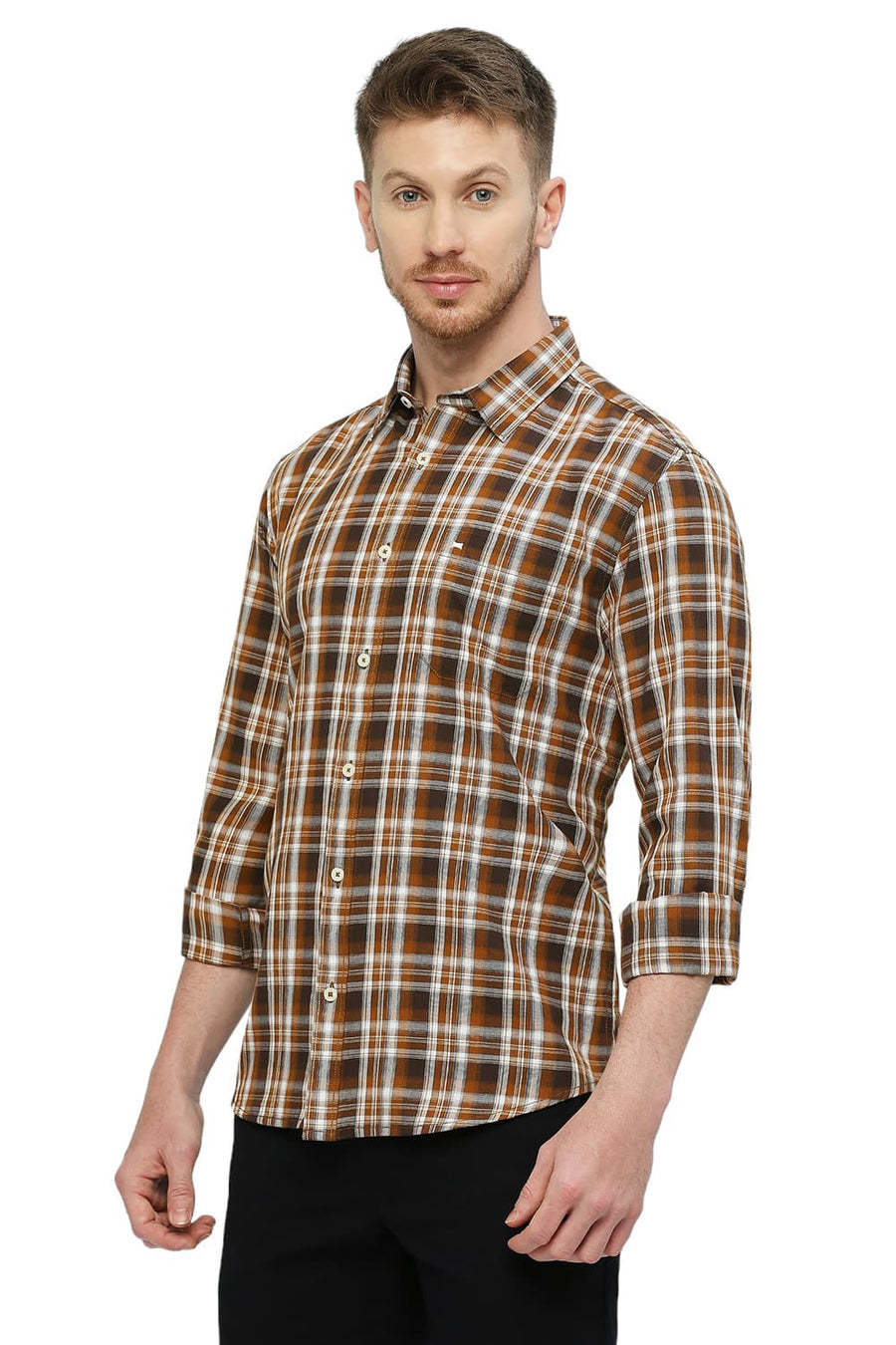 BASICS SLIM FIT TOFFEE BROWN COTTON TWILL CHECKS SHIRT