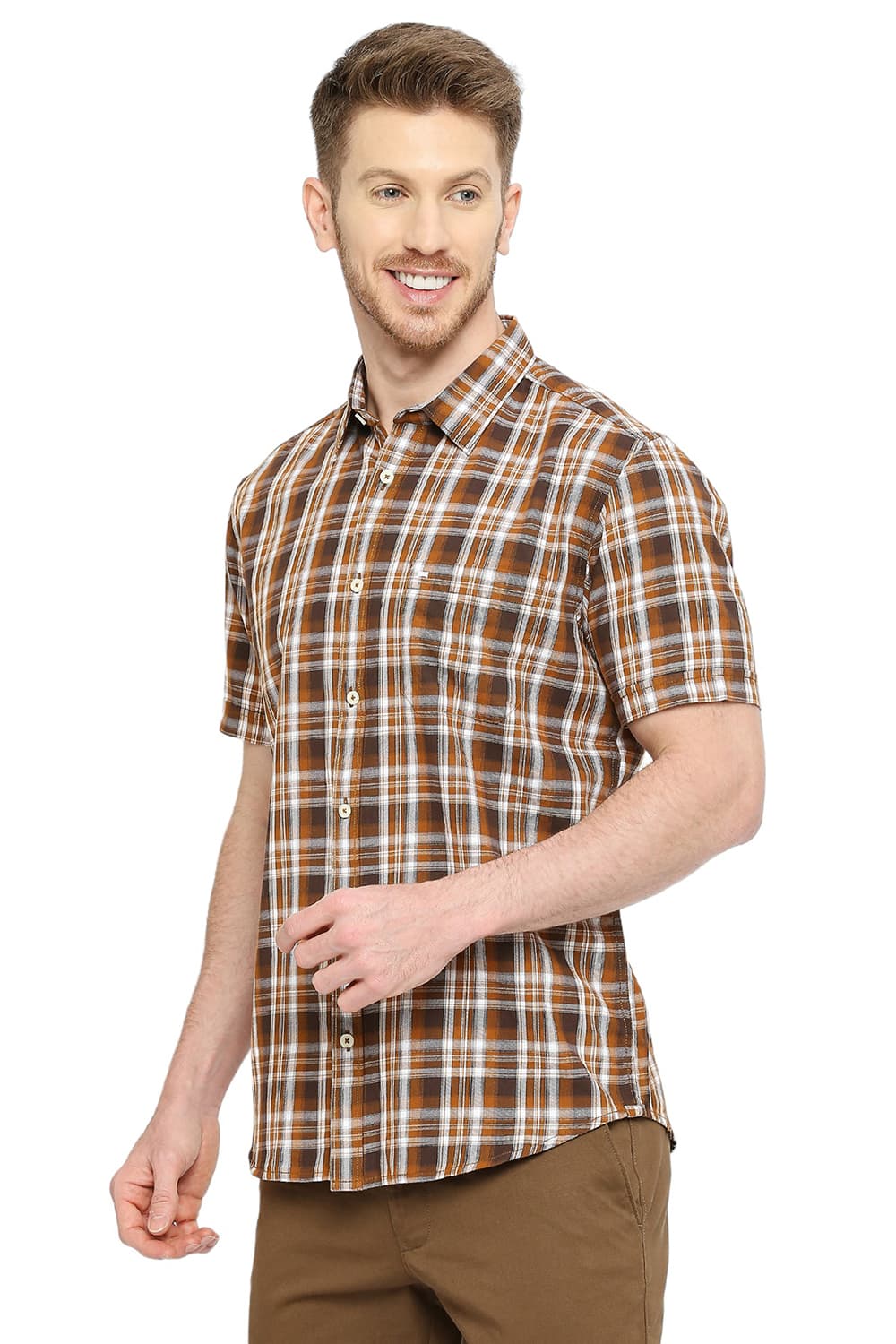 BASICS SLIM FIT COTTON TWILL CHECKS HALFSLEEVES SHIRT