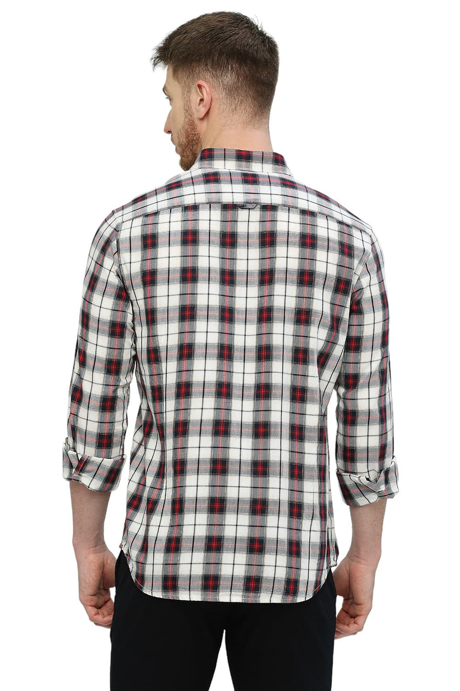 BASICS SLIM FIT AURORA RED COTTON TWILL CHECKS SHIRT