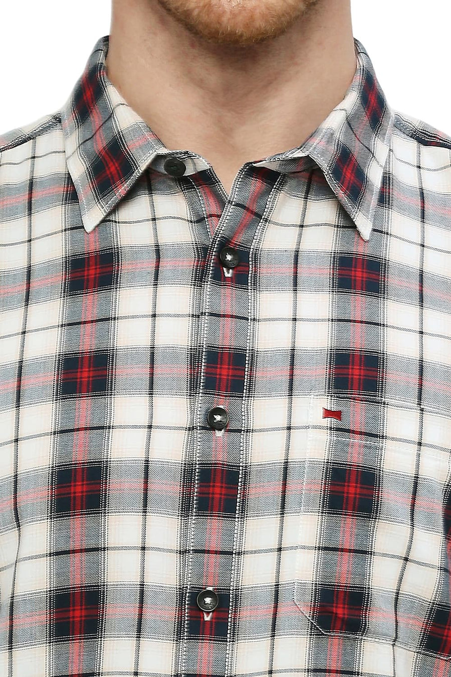 BASICS SLIM FIT AURORA RED COTTON TWILL CHECKS SHIRT