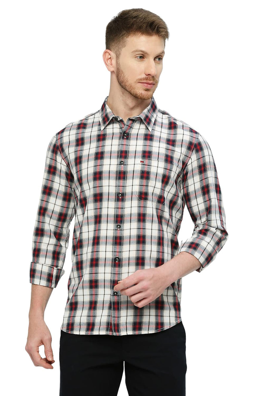 BASICS SLIM FIT AURORA RED COTTON TWILL CHECKS SHIRT