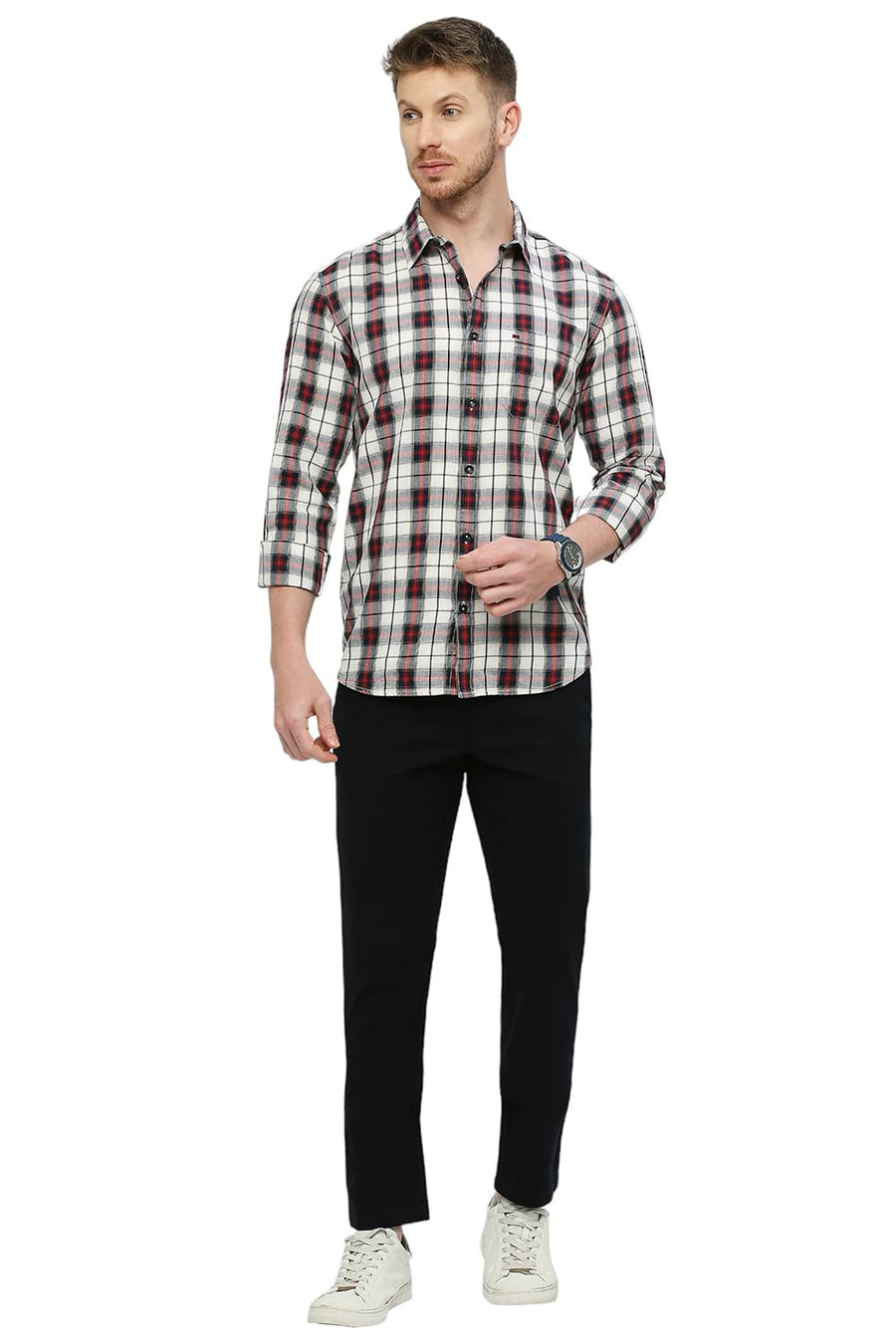 BASICS SLIM FIT AURORA RED COTTON TWILL CHECKS SHIRT