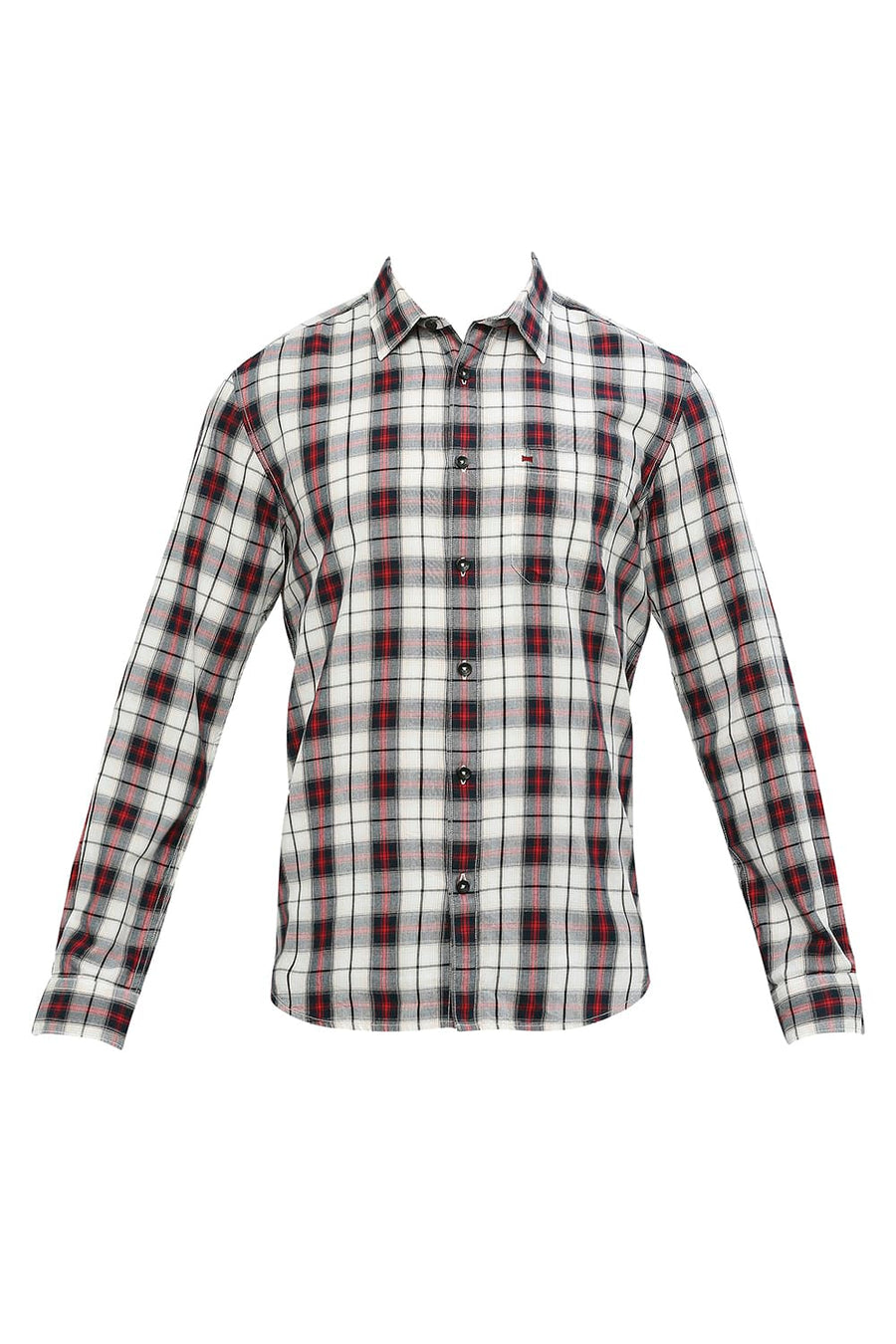 BASICS SLIM FIT AURORA RED COTTON TWILL CHECKS SHIRT