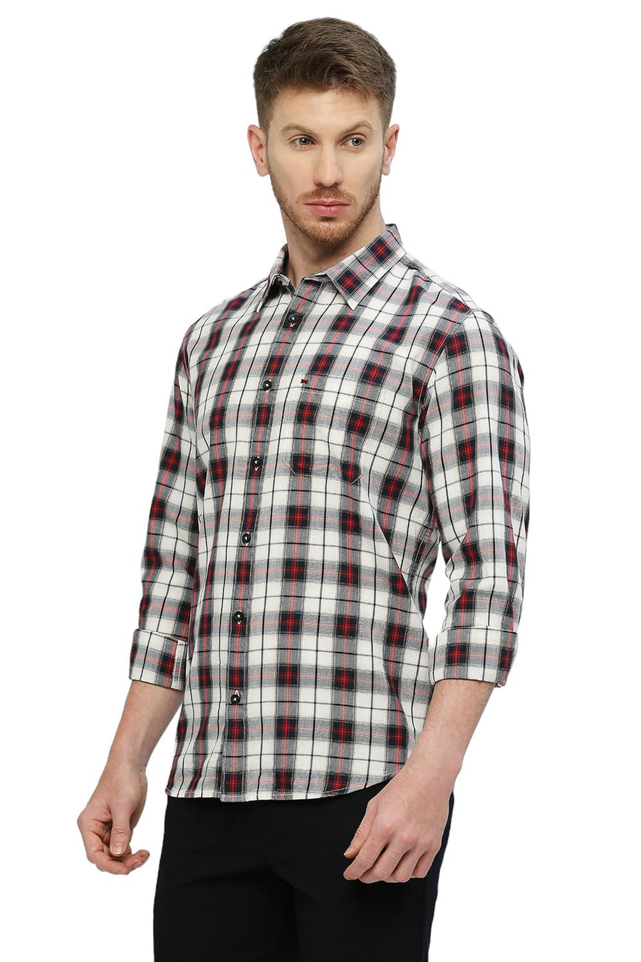 BASICS SLIM FIT AURORA RED COTTON TWILL CHECKS SHIRT