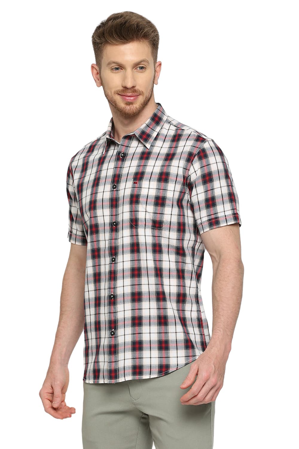 BASICS SLIM FIT COTTON TWILL CHECKS HALFSLEEVES SHIRT