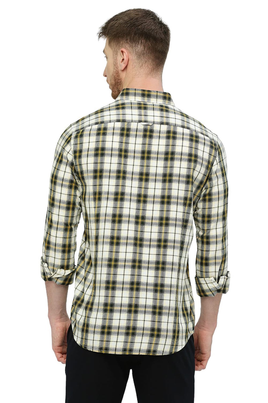 BASICS SLIM FIT SPECTRA YELLOW COTTON TWILL CHECKS SHIRT