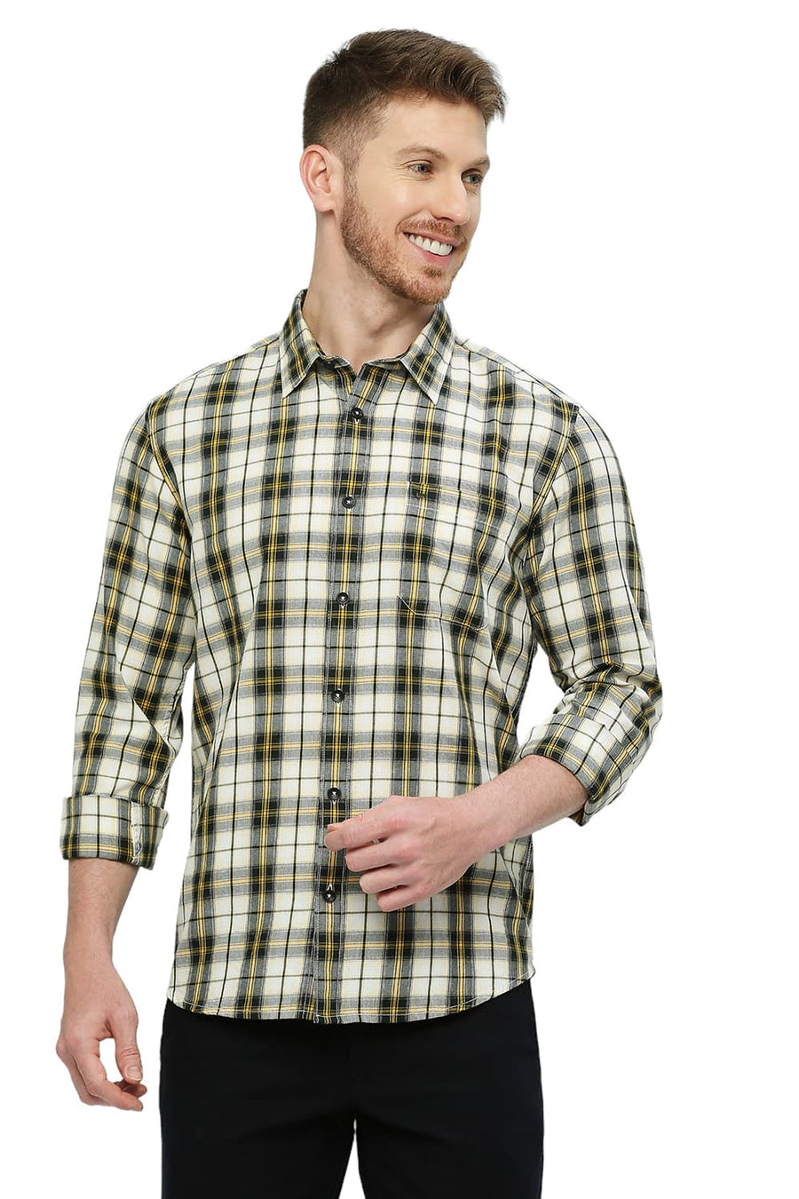 BASICS SLIM FIT SPECTRA YELLOW COTTON TWILL CHECKS SHIRT