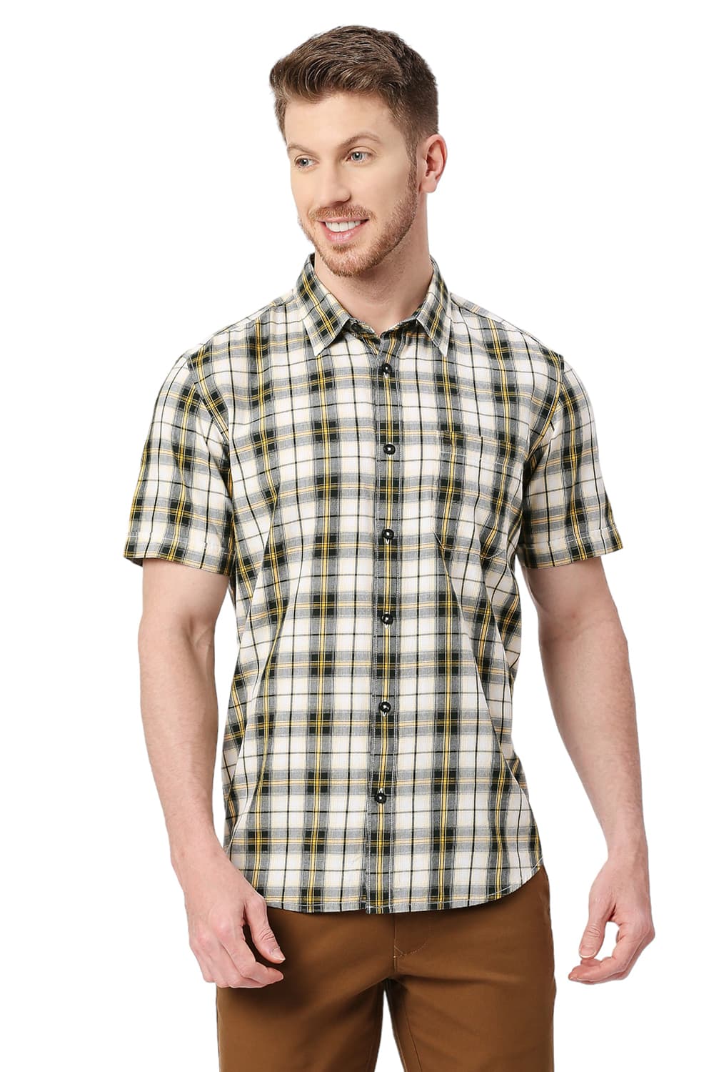 BASICS SLIM FIT COTTON TWILL CHECKS HALFSLEEVES SHIRT