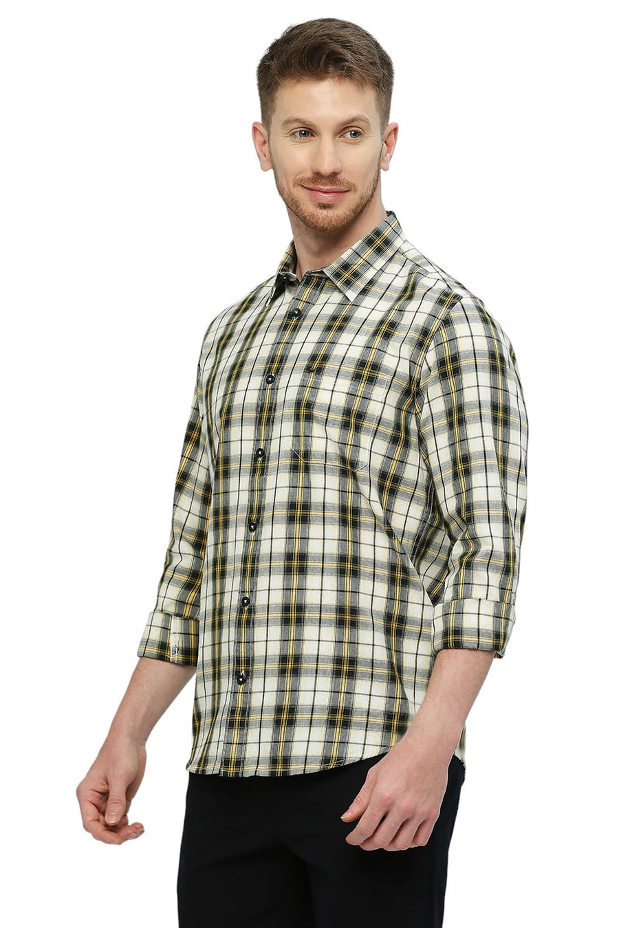 BASICS SLIM FIT SPECTRA YELLOW COTTON TWILL CHECKS SHIRT
