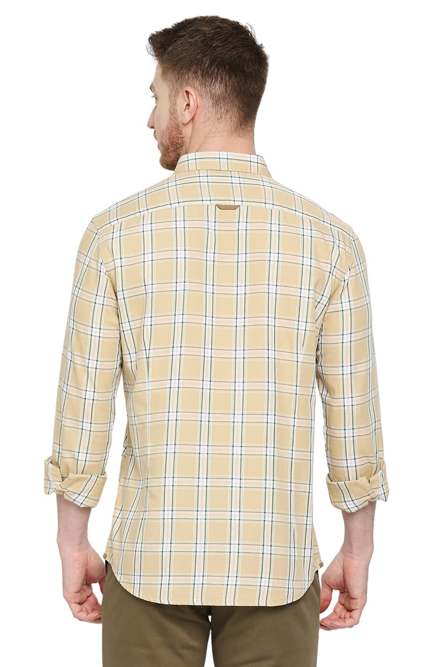 BASICS SLIM FIT ALMOND BUFF BEIGE COTTON TWILL CHECKS SHIRT