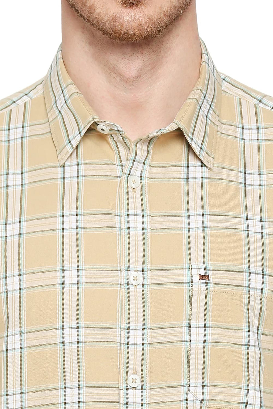 BASICS SLIM FIT ALMOND BUFF BEIGE COTTON TWILL CHECKS SHIRT