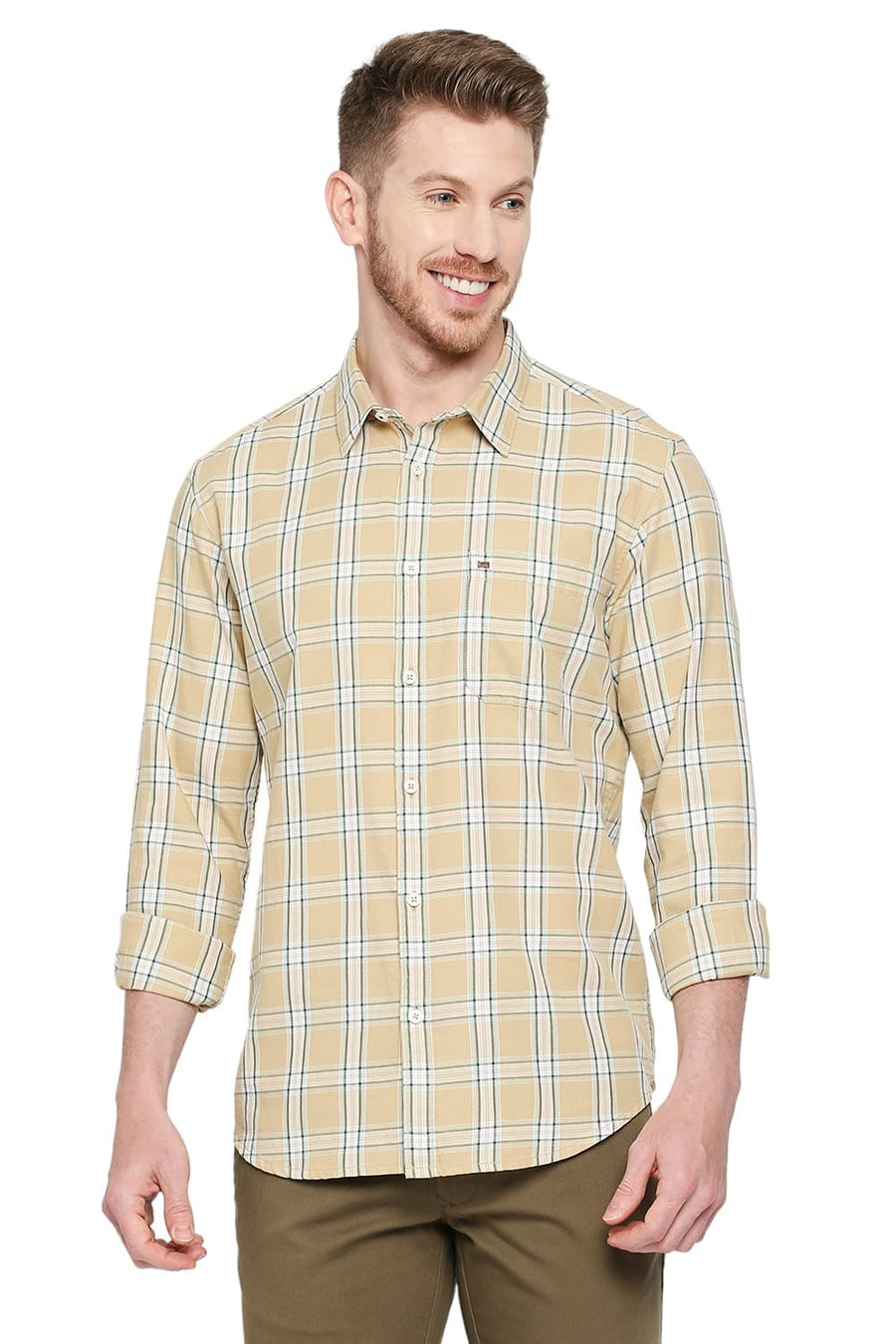 BASICS SLIM FIT ALMOND BUFF BEIGE COTTON TWILL CHECKS SHIRT