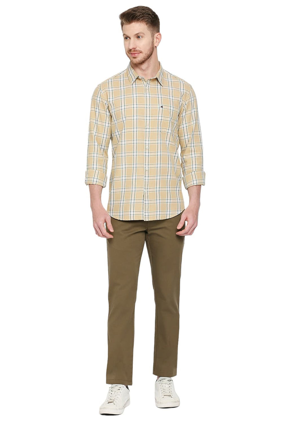 BASICS SLIM FIT ALMOND BUFF BEIGE COTTON TWILL CHECKS SHIRT
