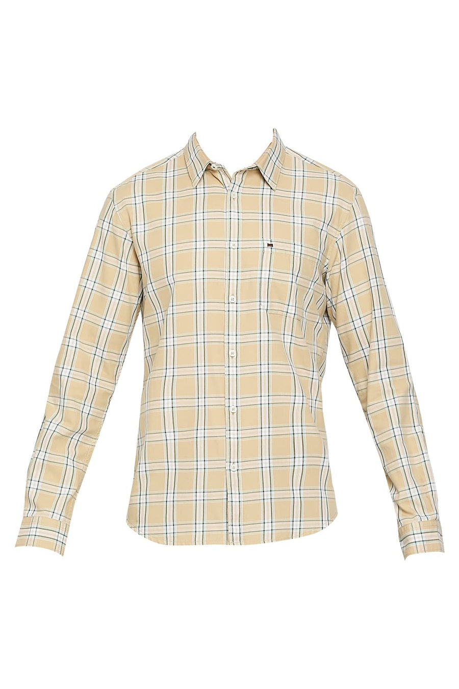 BASICS SLIM FIT ALMOND BUFF BEIGE COTTON TWILL CHECKS SHIRT