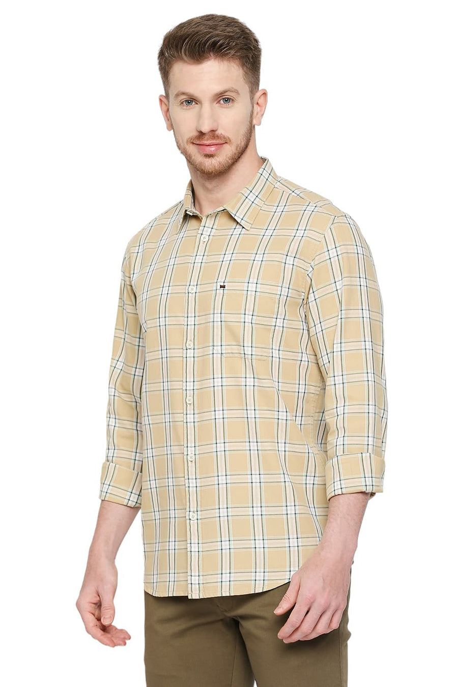 BASICS SLIM FIT ALMOND BUFF BEIGE COTTON TWILL CHECKS SHIRT
