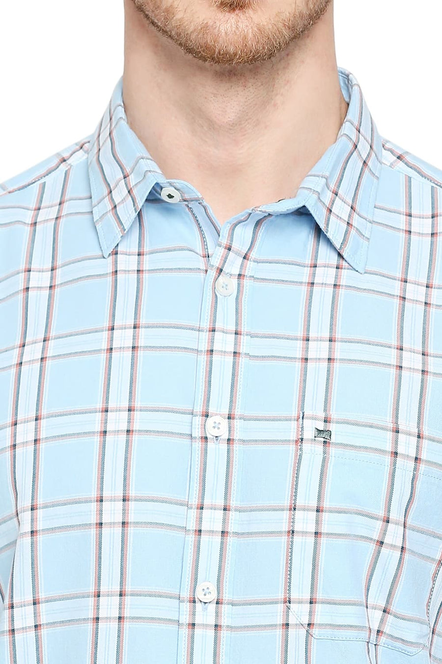 BASICS SLIM FIT ALASKAN BLUE COTTON TWILL CHECKS SHIRT