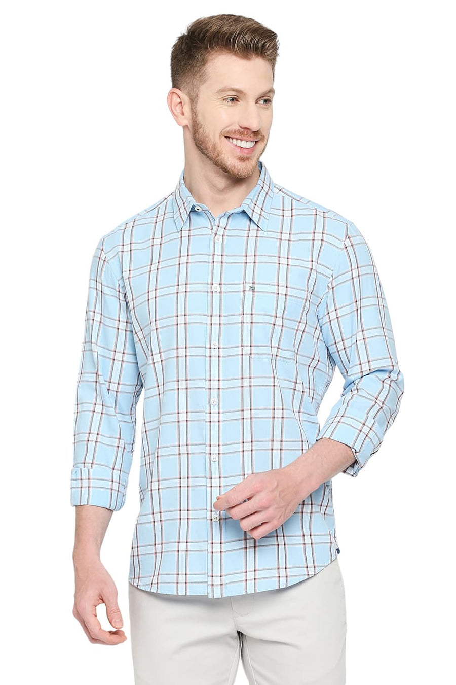 BASICS SLIM FIT ALASKAN BLUE COTTON TWILL CHECKS SHIRT