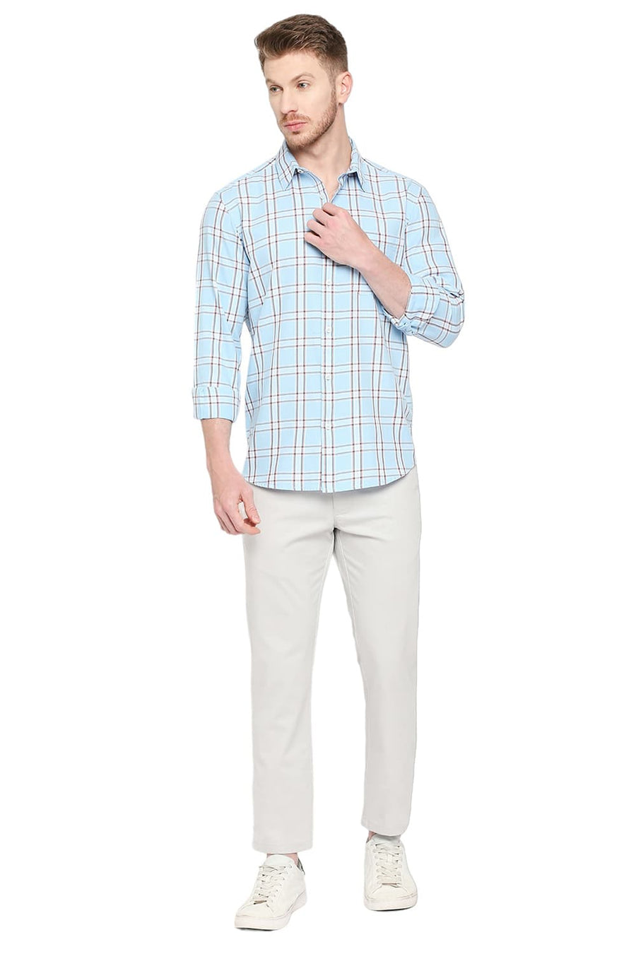 BASICS SLIM FIT ALASKAN BLUE COTTON TWILL CHECKS SHIRT