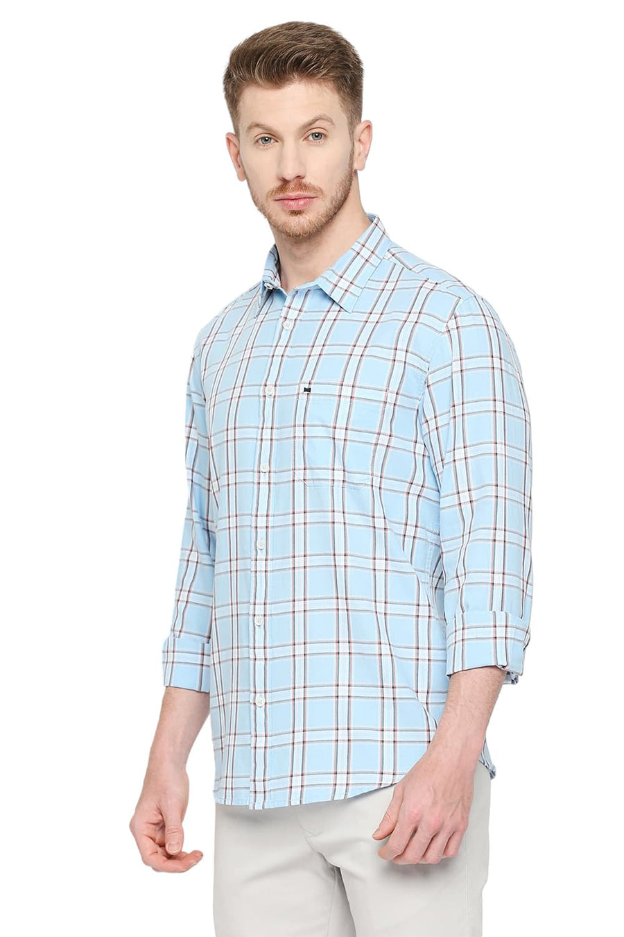 BASICS SLIM FIT ALASKAN BLUE COTTON TWILL CHECKS SHIRT