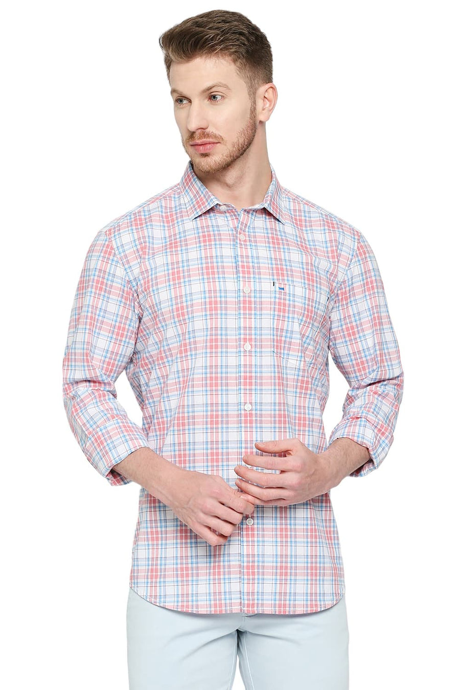 BASICS SLIM FIT BUBBLE GUM PINK COTTON CHECKS SHIRT