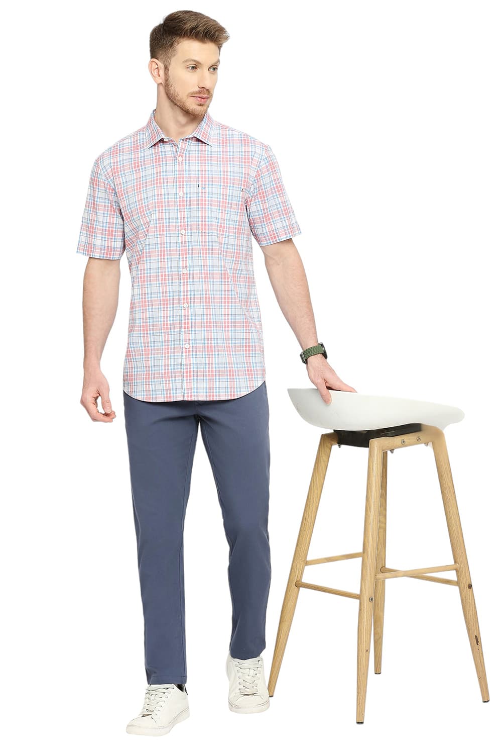 BASICS SLIM FIT COTTON CHECKS HALFSLEEVES SHIRT