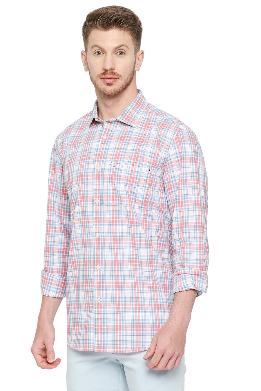 BASICS SLIM FIT BUBBLE GUM PINK COTTON CHECKS SHIRT