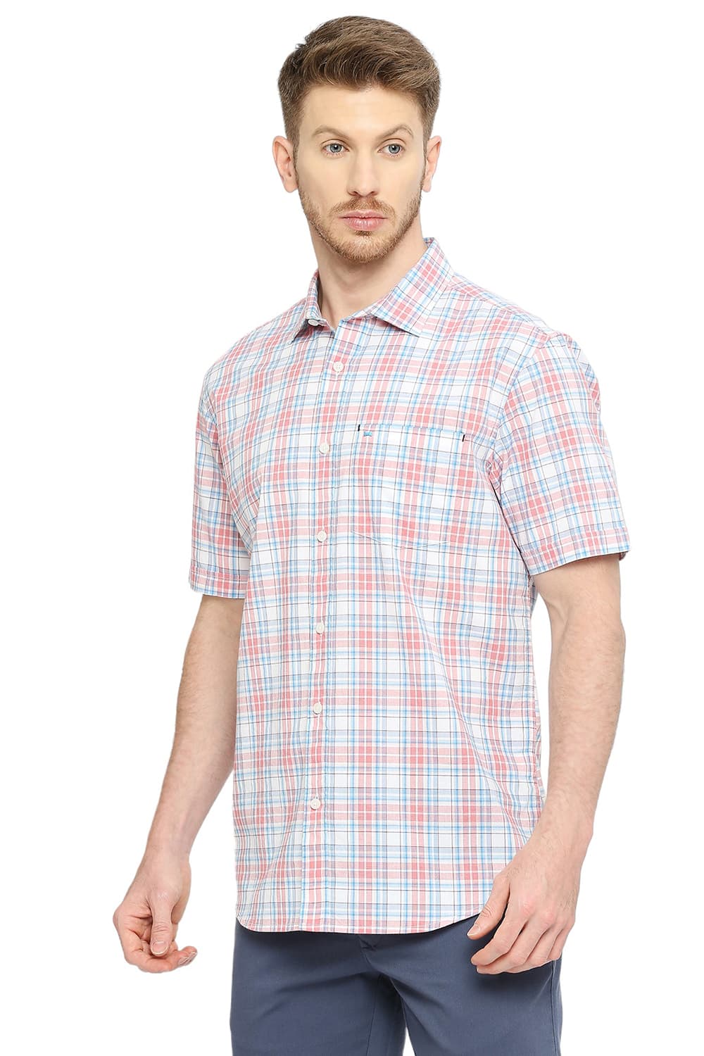 BASICS SLIM FIT COTTON CHECKS HALFSLEEVES SHIRT