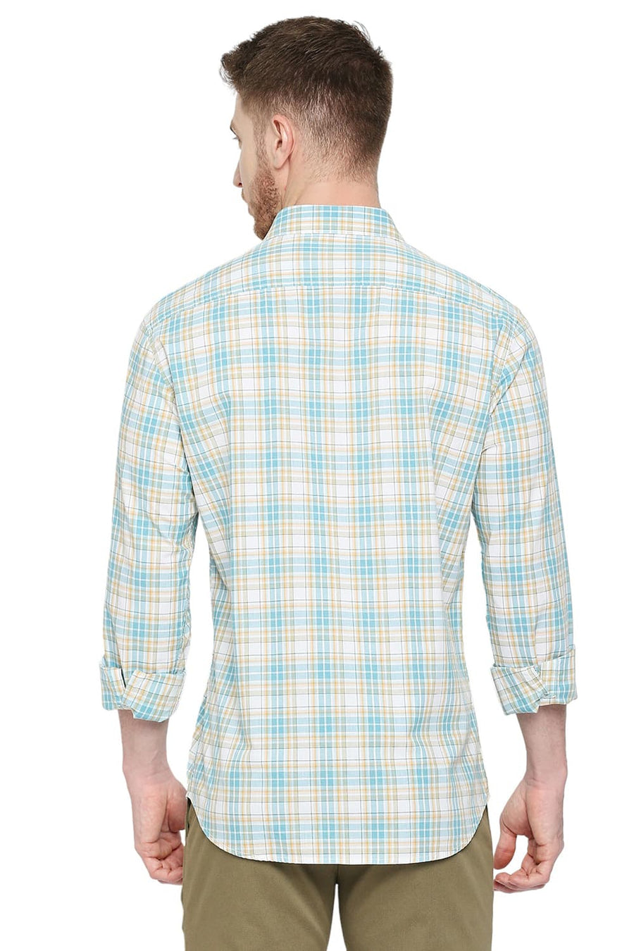 BASICS SLIM FIT AQUA HAZE COTTON CHECKS SHIRT