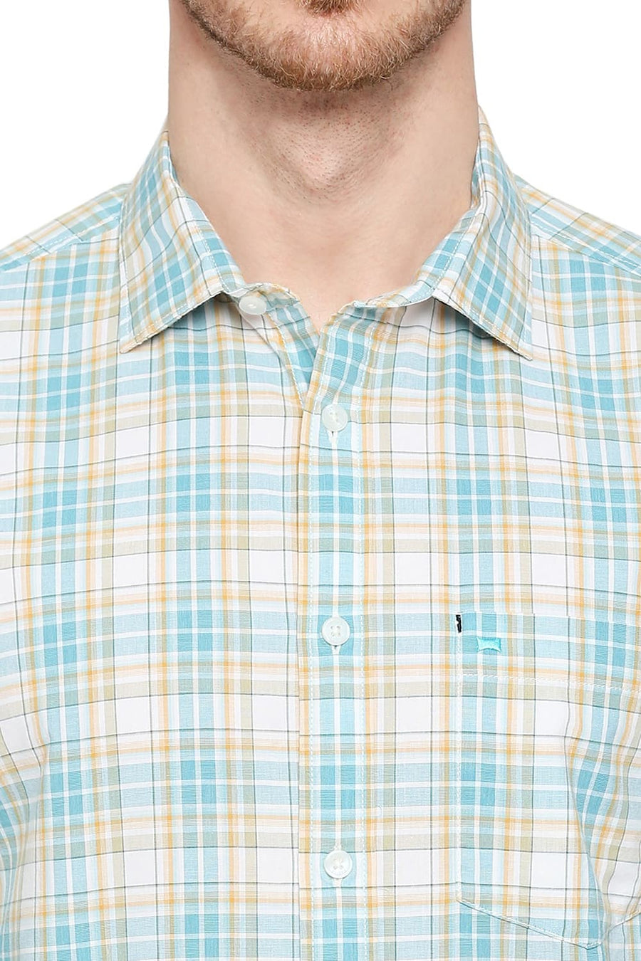 BASICS SLIM FIT AQUA HAZE COTTON CHECKS SHIRT
