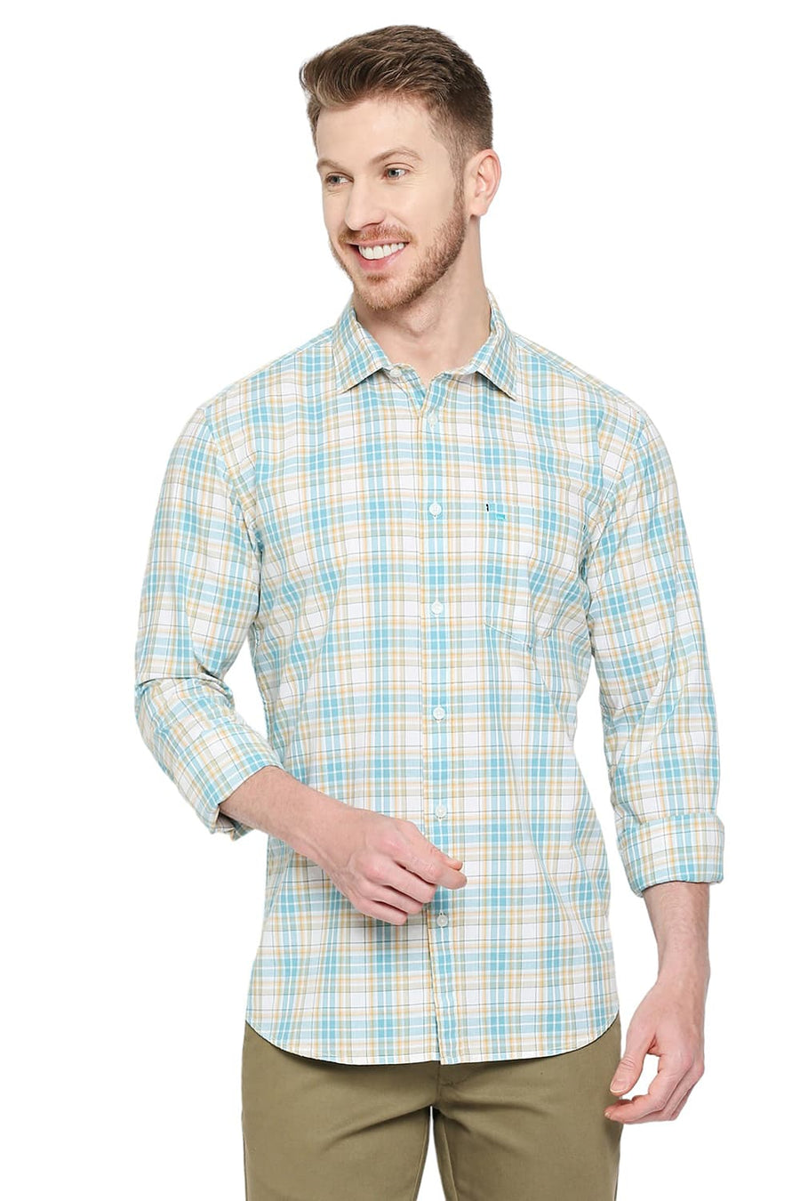 BASICS SLIM FIT AQUA HAZE COTTON CHECKS SHIRT