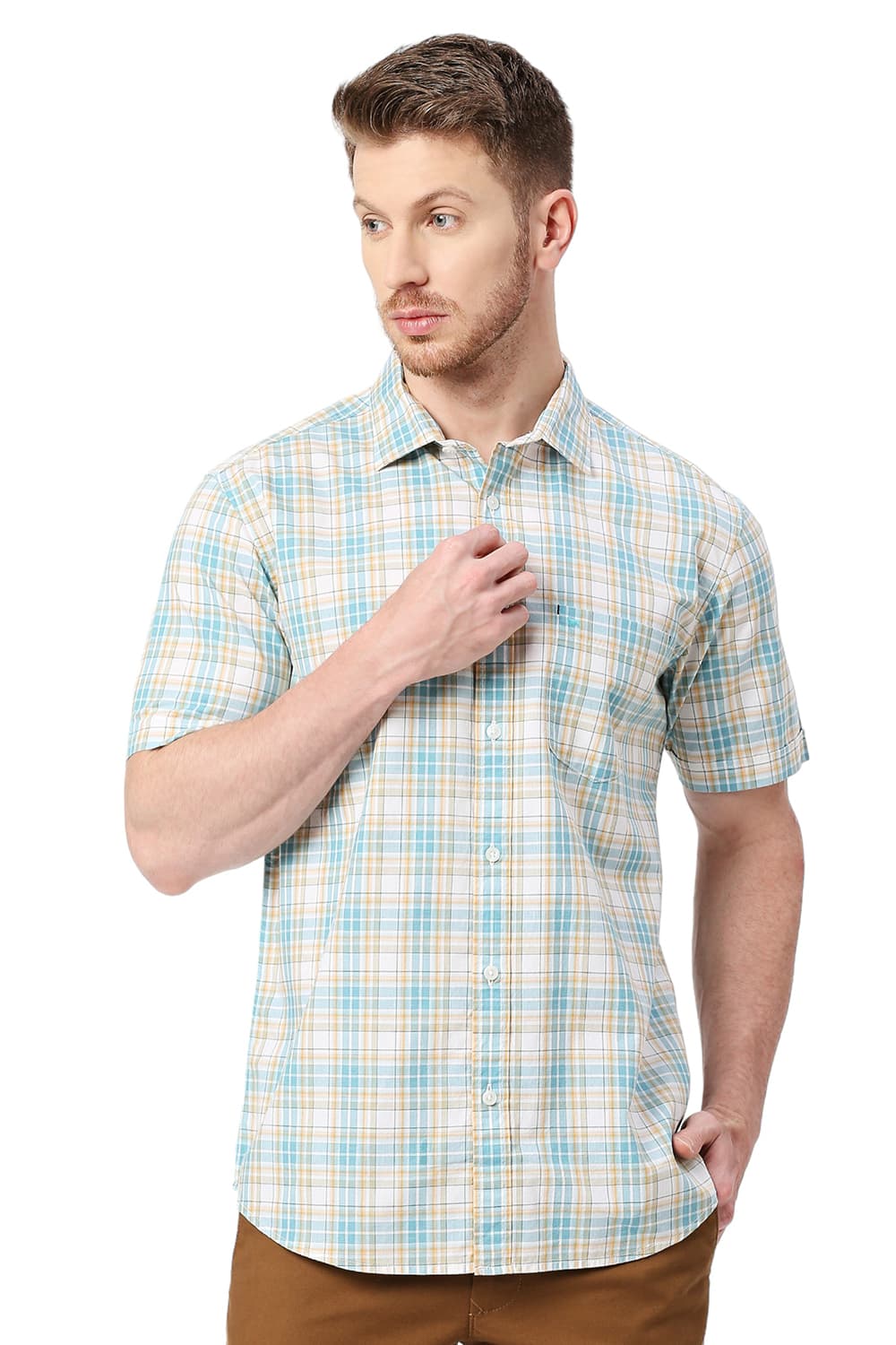 BASICS SLIM FIT COTTON CHECKS HALFSLEEVES SHIRT