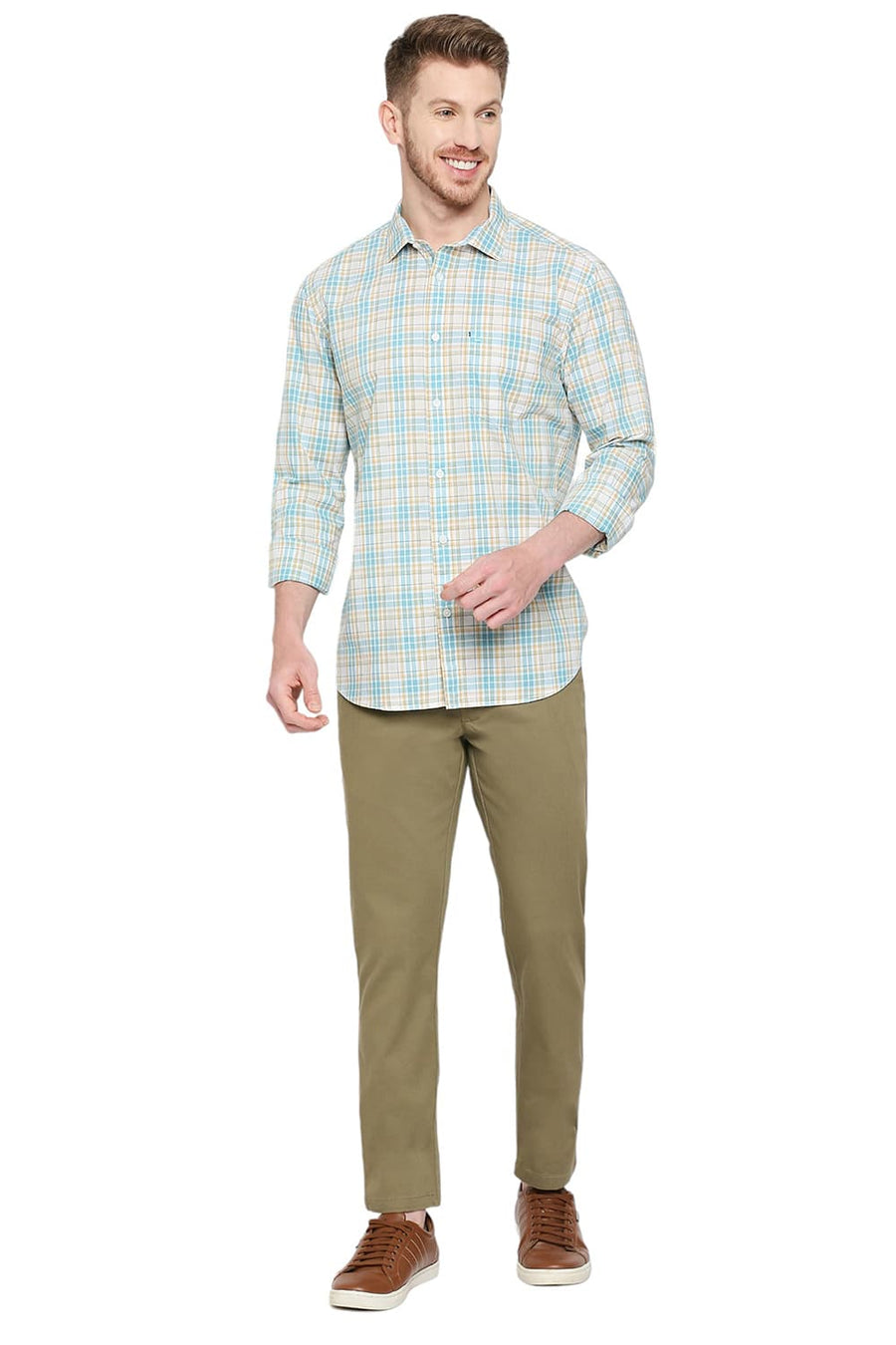 BASICS SLIM FIT AQUA HAZE COTTON CHECKS SHIRT