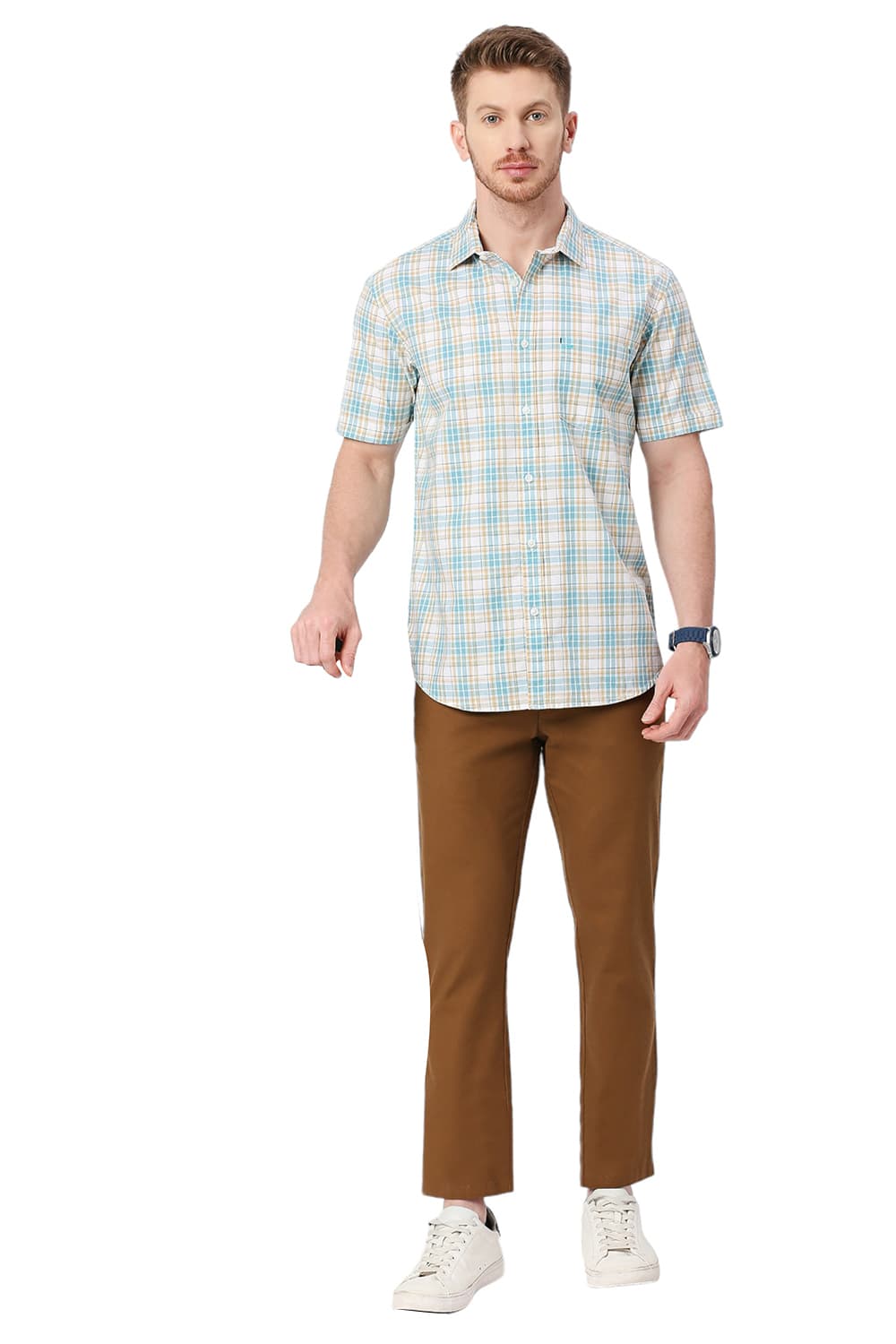 BASICS SLIM FIT COTTON CHECKS HALFSLEEVES SHIRT