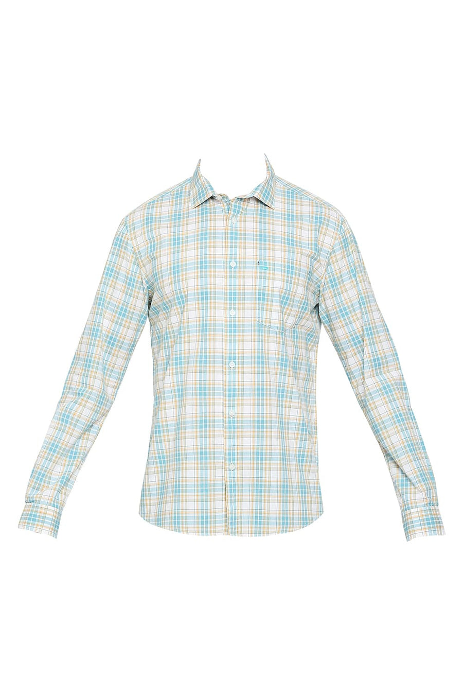 BASICS SLIM FIT AQUA HAZE COTTON CHECKS SHIRT
