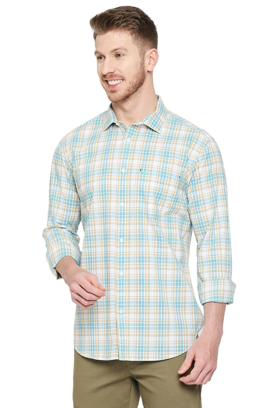 BASICS SLIM FIT AQUA HAZE COTTON CHECKS SHIRT