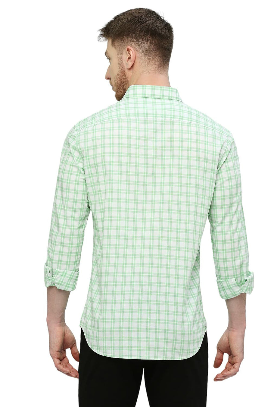 BASICS SLIM FIT TITANITE GREEN COTTON CHECKS SHIRT