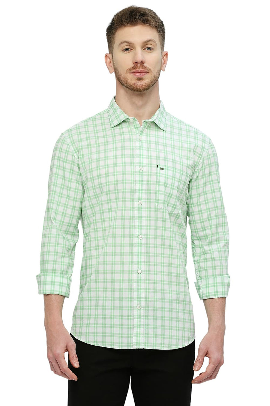 BASICS SLIM FIT TITANITE GREEN COTTON CHECKS SHIRT