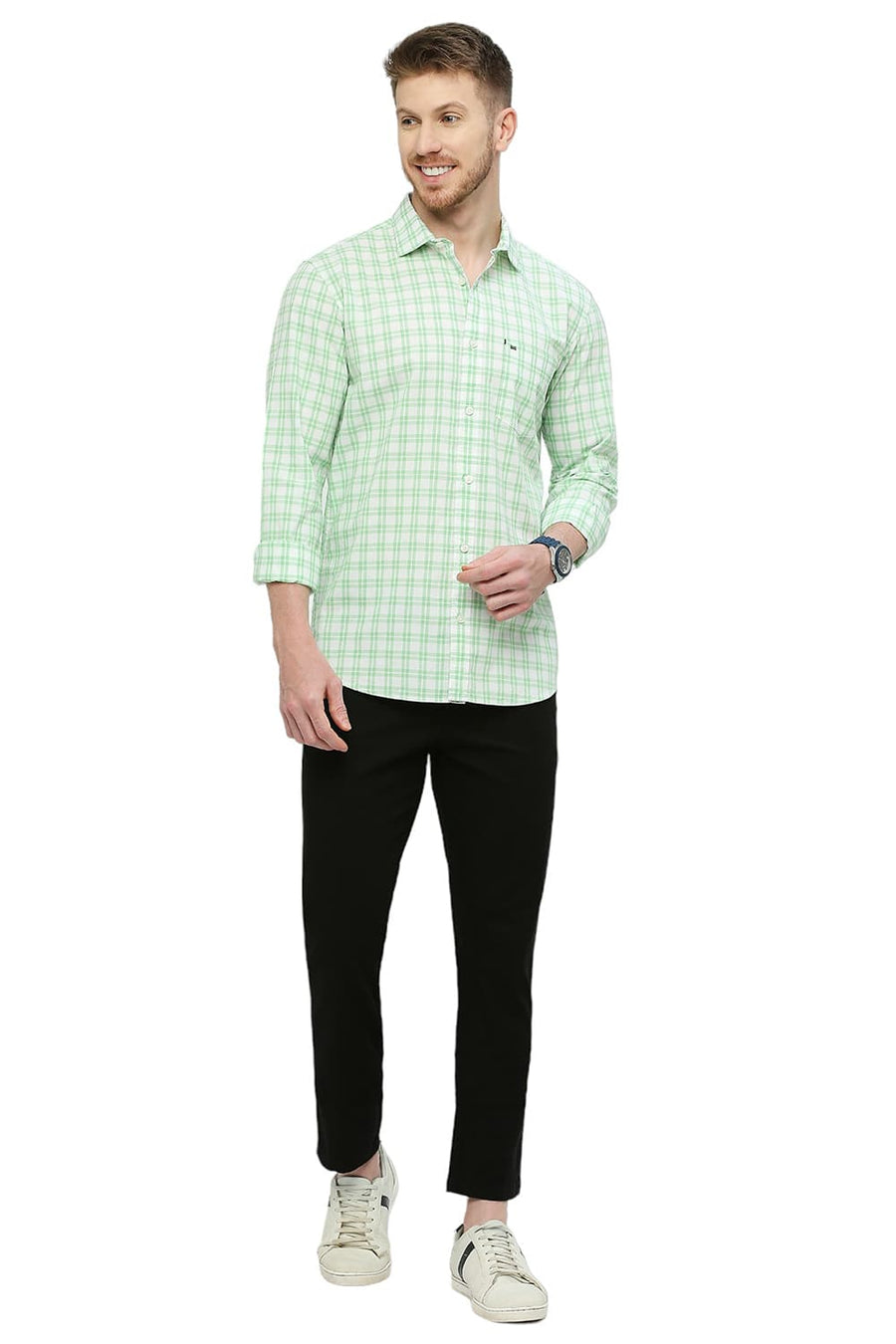 BASICS SLIM FIT TITANITE GREEN COTTON CHECKS SHIRT