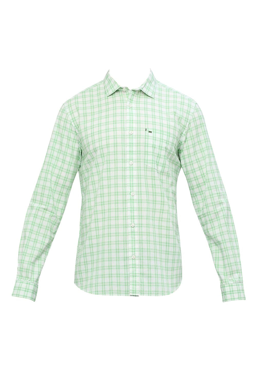 BASICS SLIM FIT TITANITE GREEN COTTON CHECKS SHIRT