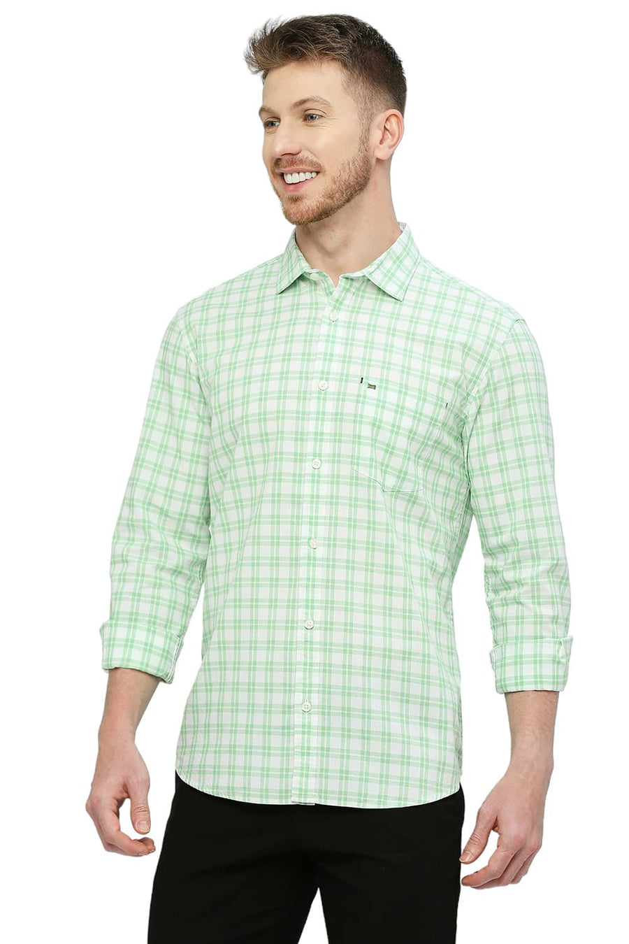 BASICS SLIM FIT TITANITE GREEN COTTON CHECKS SHIRT