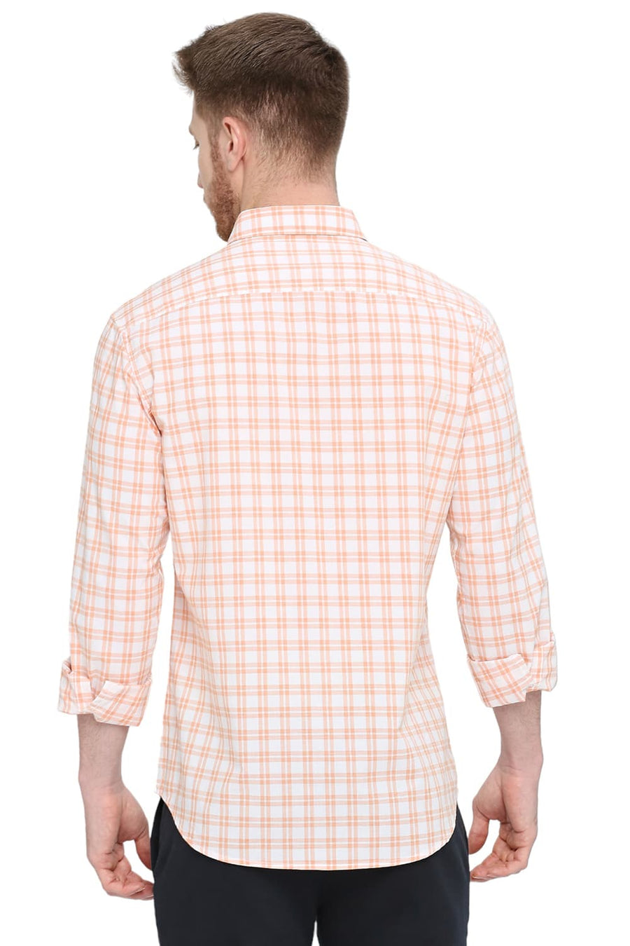 BASICS SLIM FIT APRICOT ORANGE COTTON CHECKS SHIRT
