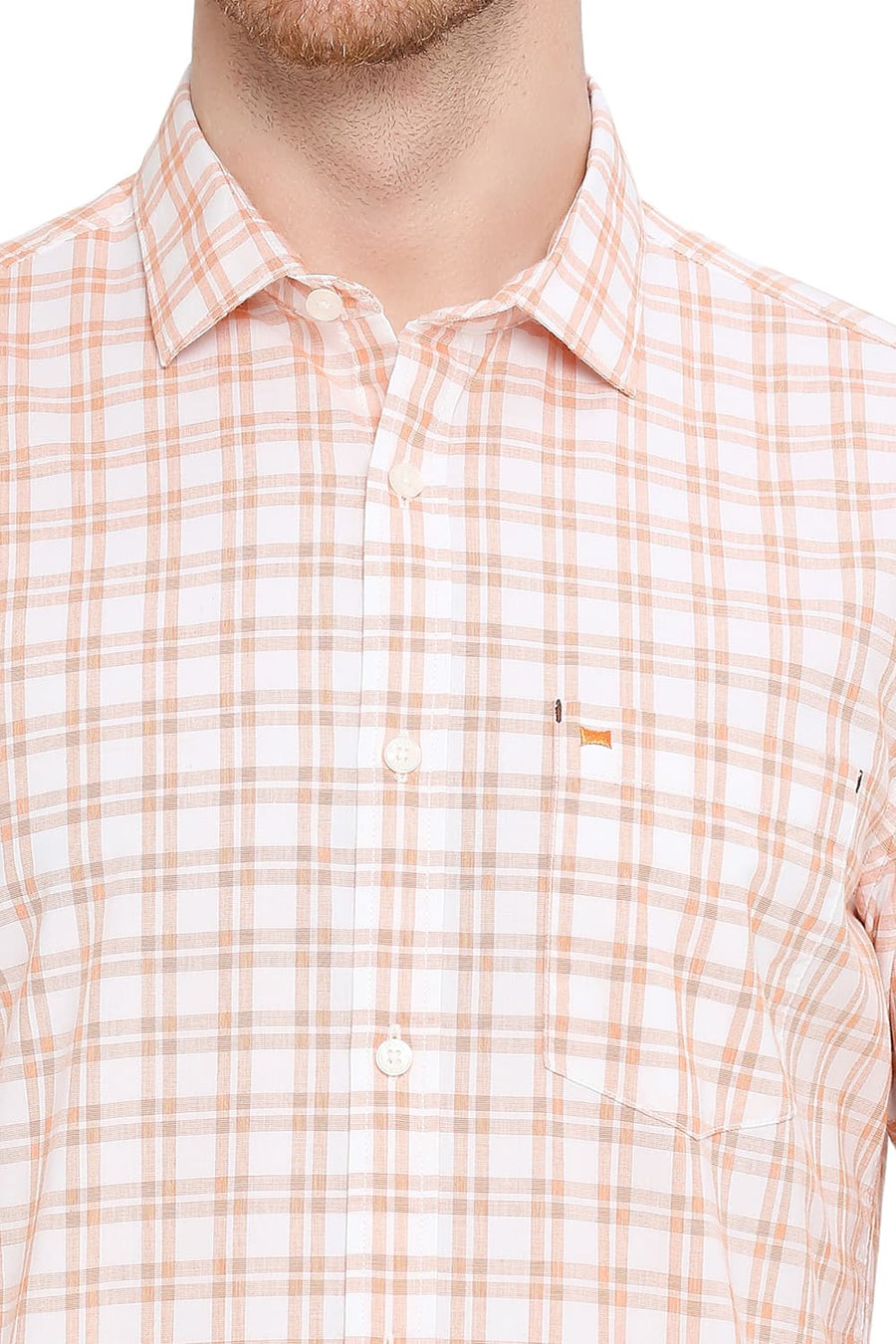 BASICS SLIM FIT APRICOT ORANGE COTTON CHECKS SHIRT