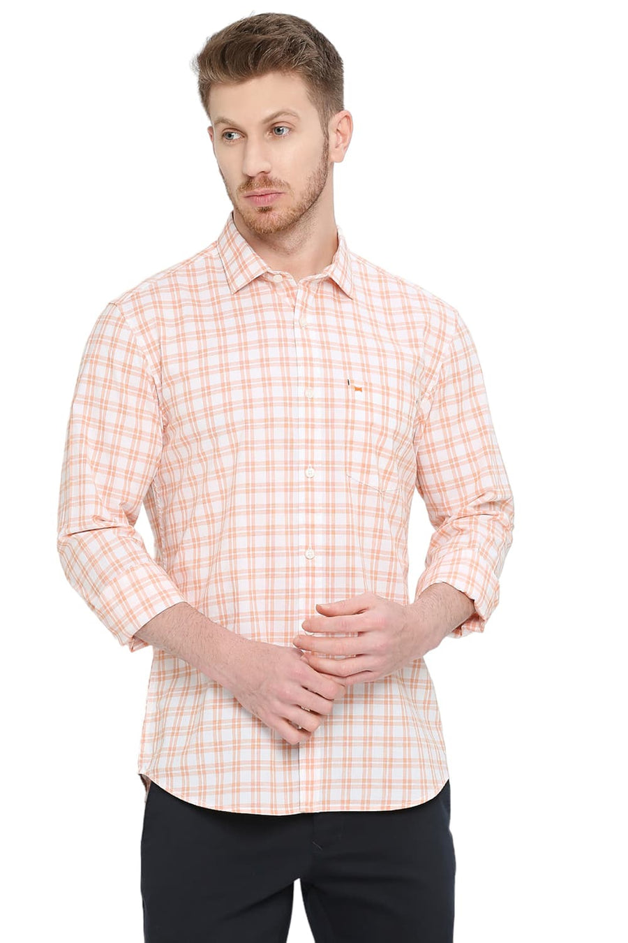 BASICS SLIM FIT APRICOT ORANGE COTTON CHECKS SHIRT