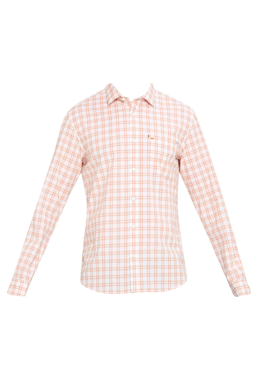 BASICS SLIM FIT APRICOT ORANGE COTTON CHECKS SHIRT