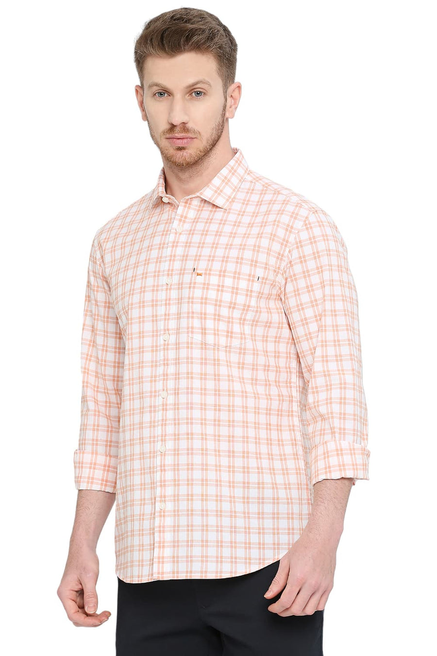 BASICS SLIM FIT APRICOT ORANGE COTTON CHECKS SHIRT