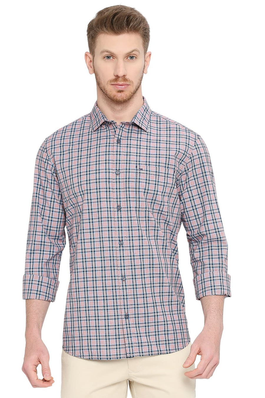 BASICS SLIM FIT FIRE WHIRL RED COTTON CHECKS SHIRT