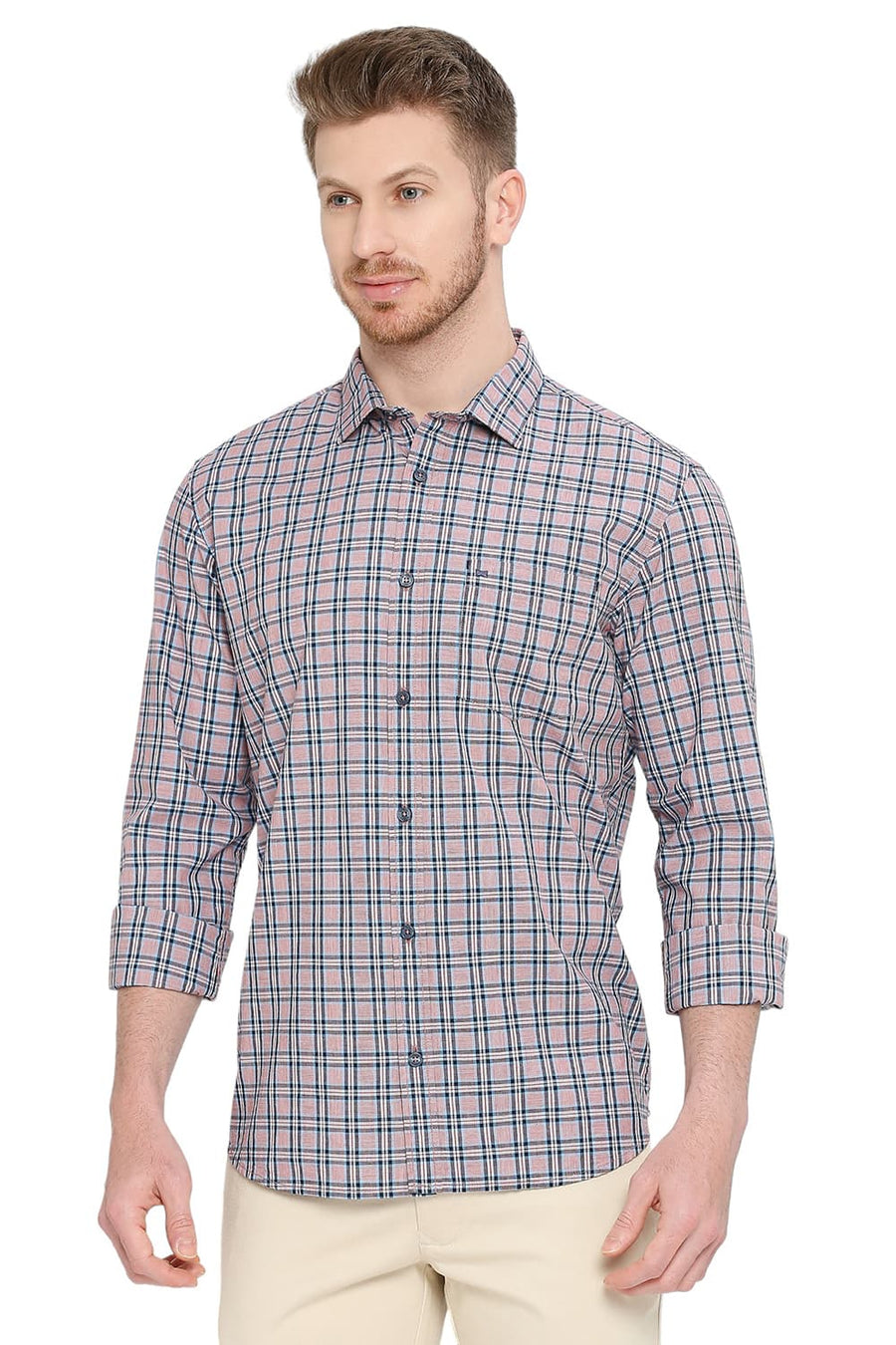 BASICS SLIM FIT FIRE WHIRL RED COTTON CHECKS SHIRT