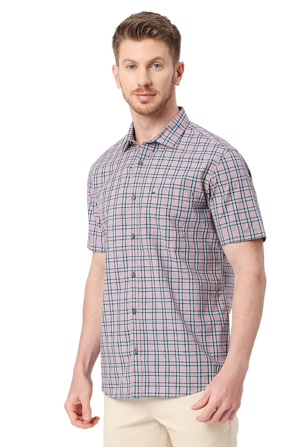 BASICS SLIM FIT COTTON CHECKS HALFSLEEVES SHIRT