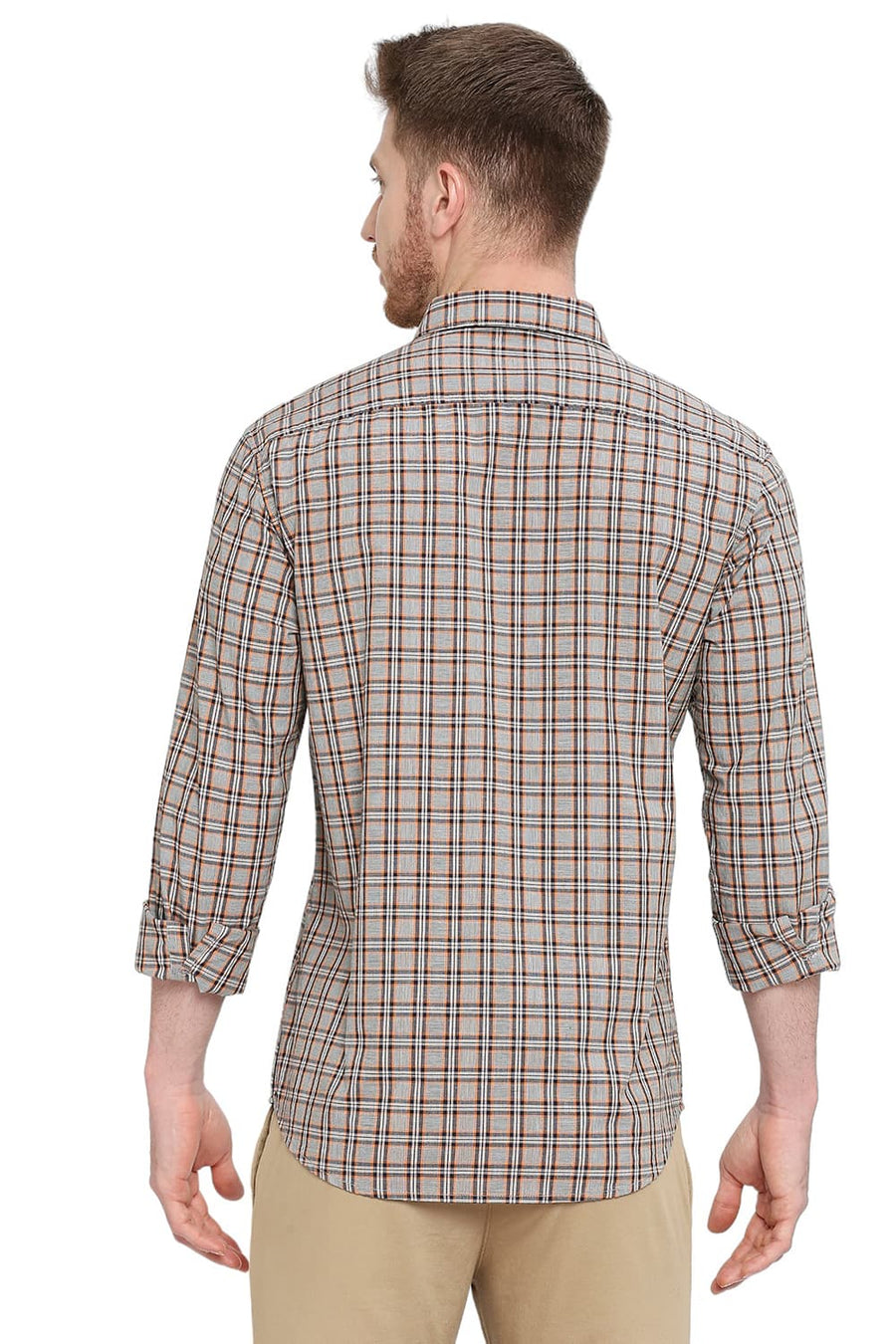 BASICS SLIM FIT GRANITE GREY COTTON CHECKS SHIRT